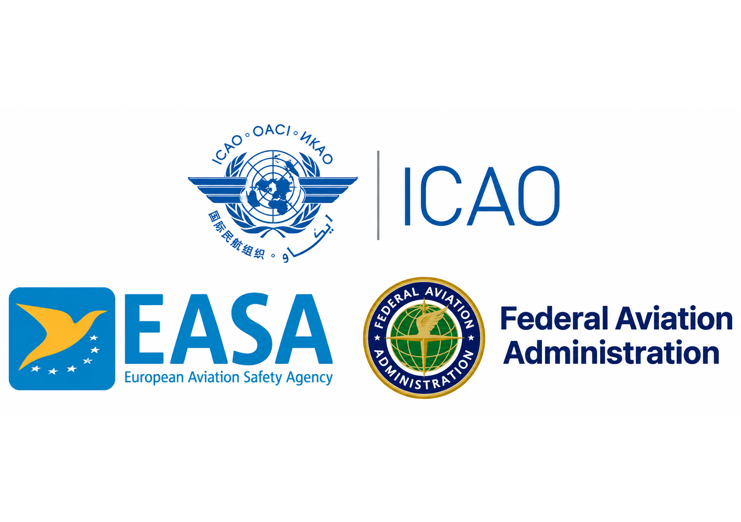 Emblems of the ICAO, EASA and FAA aviation regulatory authorities